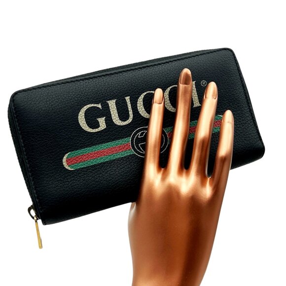 Gucci Long Wallet Print Leather Black Unisex